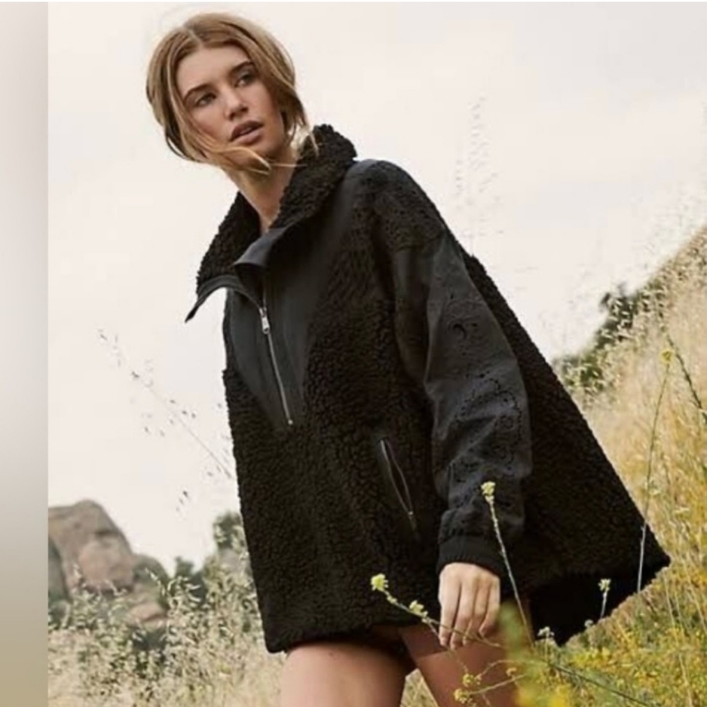 Free People FP Movement Seaside Crocheted Sherpa Fleece Jacket in Black